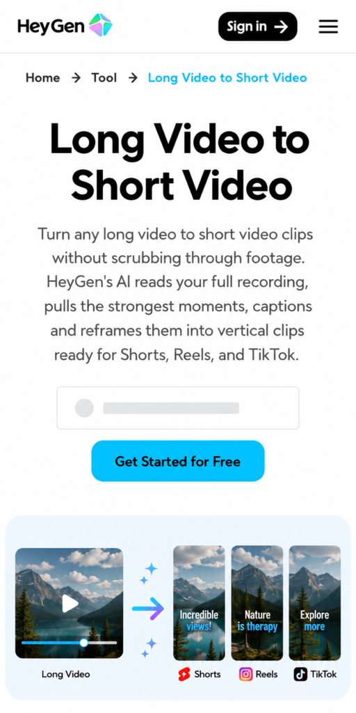 Best Long Video to Short Video AI Tools in 2026: 10 Tools Compared HeyGen AI video generator interface