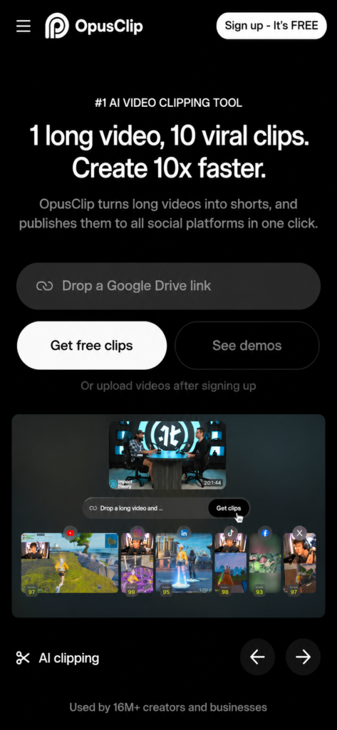 Best Long Video to Short Video AI Tools in 2026: 10 Tools Compared OpusClip AI video clipping tool interface