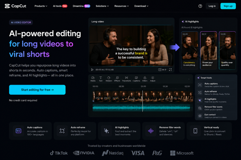 Best Long Video to Short Video AI Tools in 2026: 10 Tools Compared CapCut AI video editing tool interface